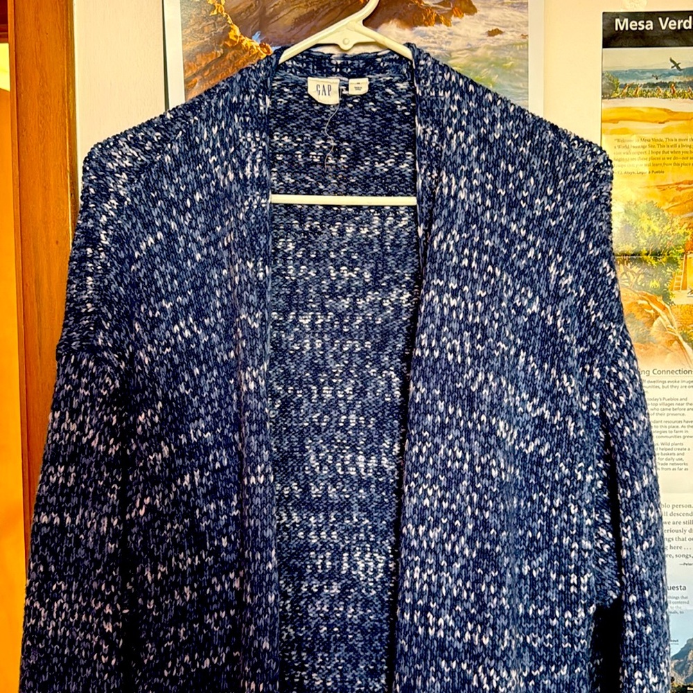 Gap Duster Cardigan Sweater Blue Womens Size M Cozy Fall Long Pockets Cabincore